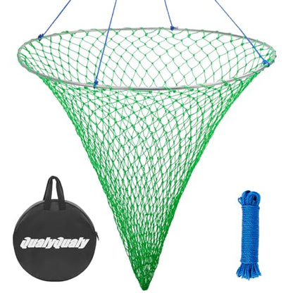 QualyQualy Large Bridge and Pier Fishing Net 32''/39'' Hoop, Foldable Drop Net Pier Fishing for Saltwater with Rope, Landing Net with Nylon Mesh, Collapsible Soft Steel Ring - color: Green, size: L: 39''×36''