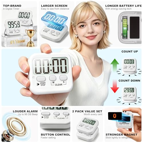 2 Pack Digital Timer for Kids Classroom Kitchen Timers for Cooking | w/ Battery, Easy to View, Alarm, Mute Mode, Count Down/Up, Magnetic, Kickstand, Hanging, Classroom Timer for Teacher Supplies - color: Pure White *2