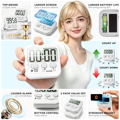 2 Pack Digital Timer for Kids Classroom Kitchen Timers for Cooking | w/ Battery, Easy to View, Alarm, Mute Mode, Count Down/Up, Magnetic, Kickstand, Hanging, Classroom Timer for Teacher Supplies - color: Pure White *2