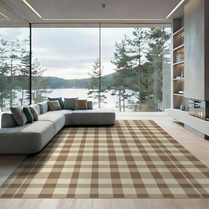 9'x12' Washable Flatwoven Rug, Cream Farmhouse Plaid Stain Resistant Massive Carpet for Dining Room, Basement, Large Office, Non-Slip Chair-Friendly Mat | Ref:1910428 - color: Beige/Pattern 29, size: 9' x 12' (Rectangular)