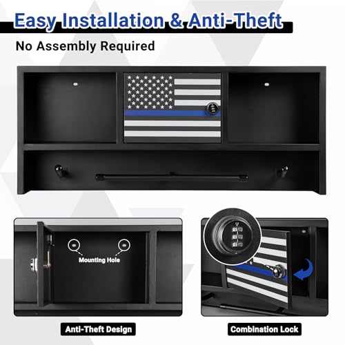Neoaider Police Gear Rack, Police Hanger with Hooks | Tactical Duty Gear Rack Decor with Thin Blue Line Flag, Black Body Armor Stand for Police Gift - size: Wall Mounted w/Combination Lock