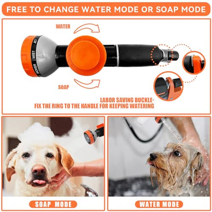 Dog Shower Attachment with Soap Dispenser, Upgraded Dog Washing Hose Attachment for Pet Bathing, High Pressure Foam Sprayer with 10 Spray Modes and Grooming Brush