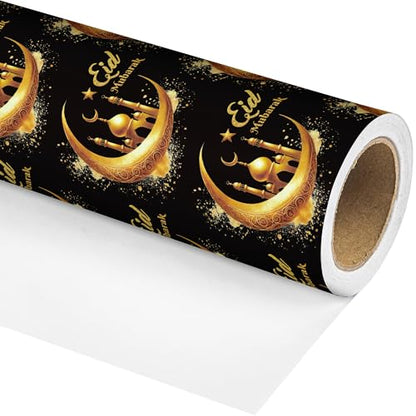 Altarho Eid Wrapping Paper Roll - Black Gold Crescent Moon Mosque Islamic Eid Mubarak Gift Wrap Design for Muslim Festival Holiday Celebration Total 28.5 sq.ft