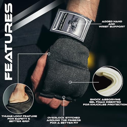 BEAST RAGE Inner Gloves with Hand Wraps Quick Wrap Long 36" Wrist Support MMA Muay Thai Bandages Punching Martial Arts Training Men Women Kickboxing Bandages Under Bag Gloves - color: Black Rage, size: XL (Adult)