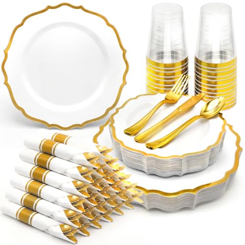 Glowserve 175Pcs Gold Plastic Plates Disposable Party Plates for 25 Guests - color: Gold, size: 25guests(175PCS)