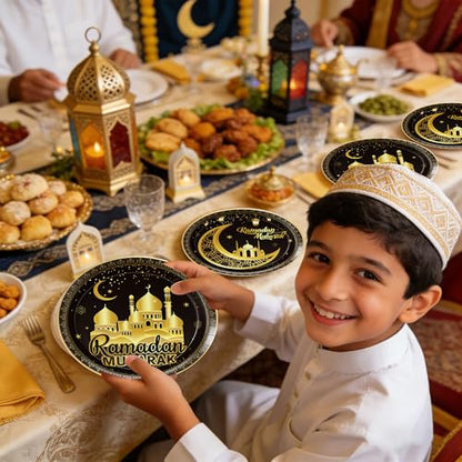 Ramadan Plates for Home Black and Gold Eid Mubarak Ramadan 9 Inch Paper Plates for Ramadan Party Decorations