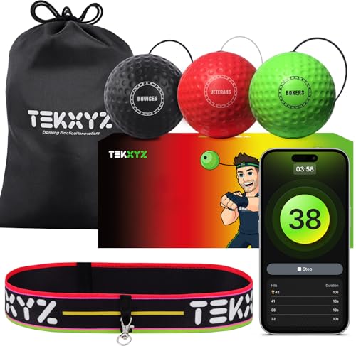 TEKXYZ® Classic Boxing Reflex Ball Pack with App - 3 Balls, 1 Band | Includes the full 2-ball pack & App features + 1 green BOXERS ball: harder, faster, max punch feedback.