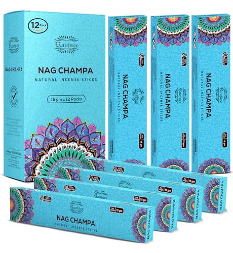 Raajsee Nag Champa Incense Sticks (180 gm), 100% Pure Organic Natural Hand Rolled Free from Chemicals - Nag Champa Incense is Perfect for Aromatherapy, Cleansing, Meditation (Pack of 12) - color: Nagchampa