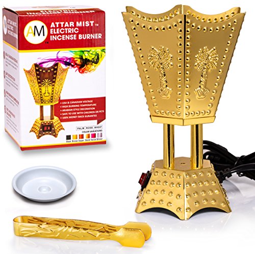 AM Bakhoor Electric Incense Burner - Oud Frankincense Resin Burner 6.5 Inches Tall (Hexagon) (Gold)