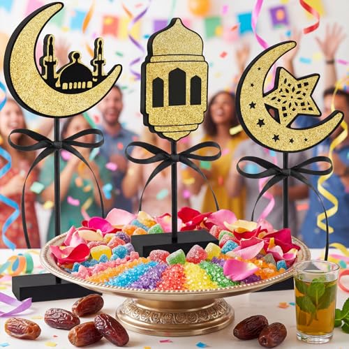 3 Pcs Ramadan Decorations Eid Mubarak Table Decor Wooden Set, Glitter Islamic Ramadan Tiered Tray Table Decorations,Ramadan Table Decor for Muslim Party Home Decor