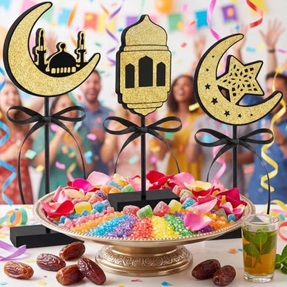 3 Pcs Ramadan Decorations Eid Mubarak Table Decor Wooden Set, Glitter Islamic Ramadan Tiered Tray Table Decorations,Ramadan Table Decor for Muslim Party Home Decor