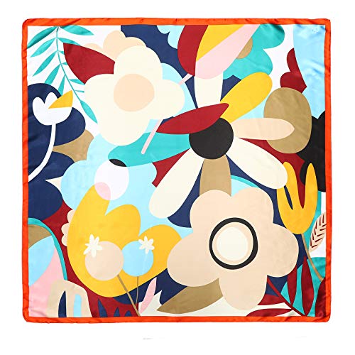 AWAYTR 35” Large Satin Square Head Scarf - 2Pcs Silk Like Floral Head Scarves Square Satin Hair Scarf Bandanas for Women - color: Flower(red/Yellow)