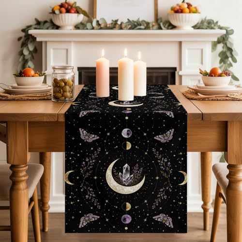 Whimsical Moon Table Runner Mysterious Dark Cosmic Crystal Purple Moths Flower 13x36 Inches Long Cotton Linen Table Runner Burlap Style for Dinner Table Party Decor Tabletop Decorations - size: 13" x 36"