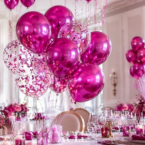AULE Party Balloons Pack of 42 - Metallic Chrome Hot Pink Balloons and Hot Pink Confetti Latex Helium Balloons With 64ft Ribbons - 12 Inch Balloon Decoration Set - color: Hot Pink