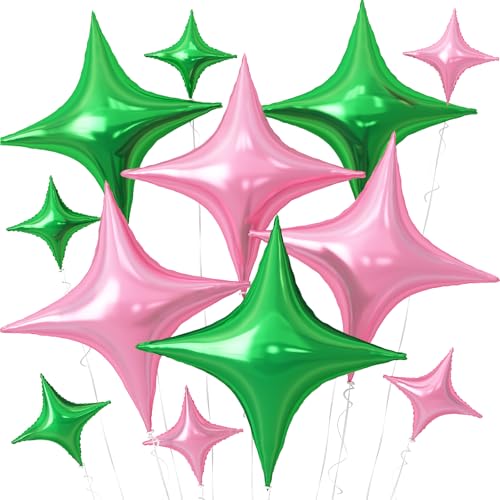 Pink Green Star Balloons,12Pcs Four Angle Star Foil Balloons - color: Pink Green