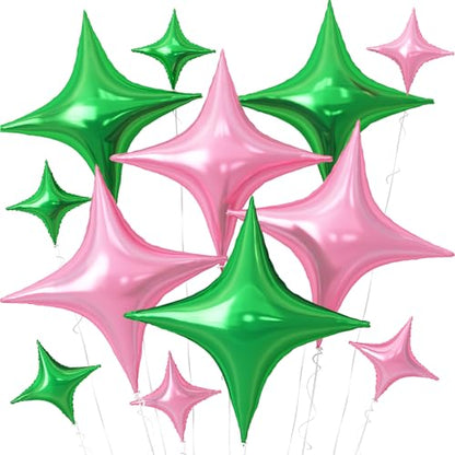 Pink Green Star Balloons,12Pcs Four Angle Star Foil Balloons - color: Pink Green