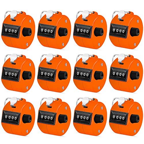 Eliamo 12 Pcs Hand Tally Counter 4-Digit Lap Counter Clicker, Manual Mechanical Handheld Pitch Click Counter with Finger Ring for School Golf & Knitting Row Croche - color: Orange