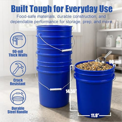 5 Gallon Bucket - Food Grade w/Lid BPA-Free, Blue/White, 3 | Airtight Gamma Seal Screw-On Lid, Heavy-Duty 90 Mil HDPE Plastic, Food Safe and Durable Container, Bulk Storage, Made in USA - color: Blue/White, size: 3 Packs