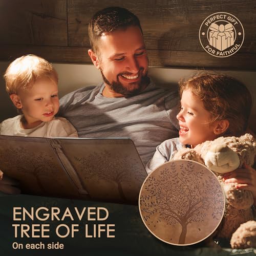 ‘Angel Treasures’ Bible Cover with Engraved Tree of Life Design| Genuine Faux PU Leather Book Protector Case with Handle, Zipper, Pockets & Pen Slots