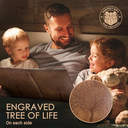 ‘Angel Treasures’ Bible Cover with Engraved Tree of Life Design| Genuine Faux PU Leather Book Protector Case with Handle, Zipper, Pockets & Pen Slots