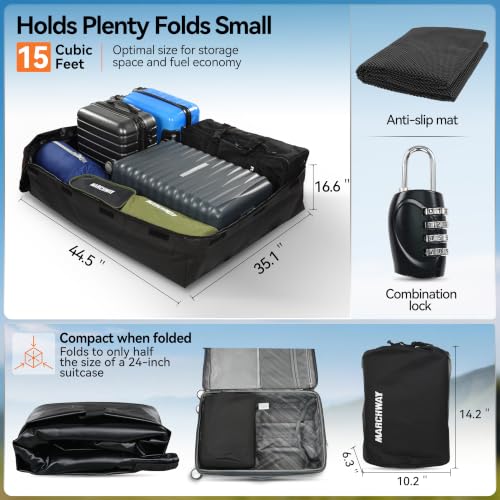 MARCHWAY Waterproof Car Roof Luggage Bag, Weatherproof Soft Shell Rooftop Cargo Carrier Bag for Vehicles with or Without Rack. 6 Door Hooks, Anti Slip Mat, Lock Included (15 Cubic Feet, Orange) - size: 15 Cubic Feet, Orange