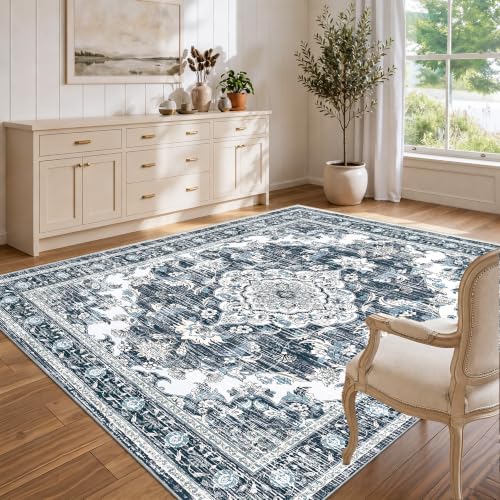 5x7 Area Rugs for Living Room, Boho Washable Non Slip Carpets, Dark Blue - color: Dark Blue, size: 5' x 7' (Rectangular)