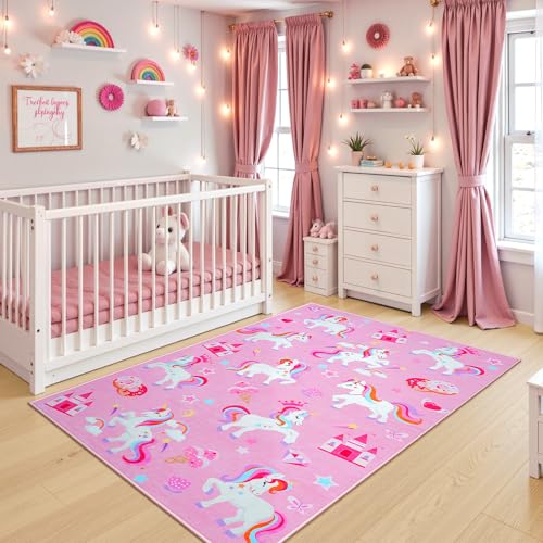 STARUIA Small 3x5 Washable Kids Rug for Girl Room, Cute Unicorn Pink Rugs for Bedroom Women, Soft Colorful Girls Rug Kid Play Mat for Kids Room Playroom Tent Castle Dorm - color: Pink, size: 3x5