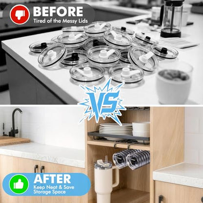 2 Pack Tumbler Lid Organizer, Under Cabinet Cup Lid Holder - Heavy Duty Iron with Anti-Rust Coating, Holds 10+ Lids , No Drill Space-Saving Kitchen Bathroom Organizer for 20–40 oz Tumbler Lids, Black