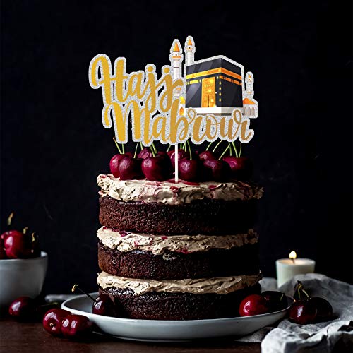 Black and Gold Glitter Hajj Mubarak Cake Topper - Eid Mubarak Festival Anniversary Party - Muslim Islam Celebration Decoration-Ramadan Party Supplies.