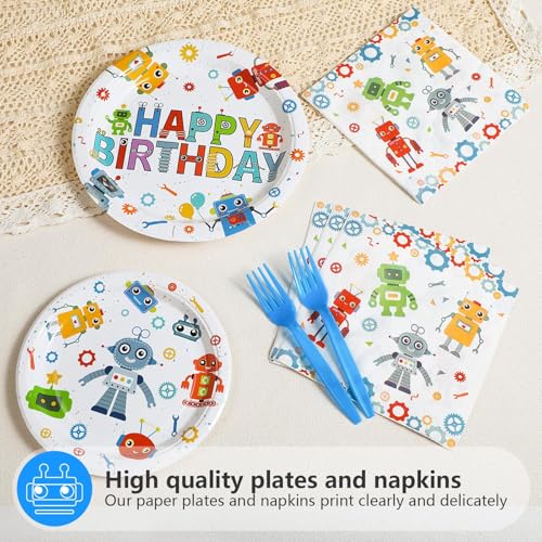 Grencian 96Pcs Robot Birthday Party Supplies Robot Themed Plates and Napkins Disposable Tableware Set for Boys Kids Birthday Party Baby Shower Decorations Serves 24 - style: Robot Theme Birthday Party Tableware Set