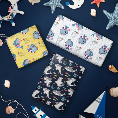 RUSPEPA Wrapping Paper Sheets - Cute Shark Design Perfect for Birthday, Baby Shower, Holiday Any Occasion - 12 Folded Sheets - 19.68 X 27.5 Inch - color: Shark