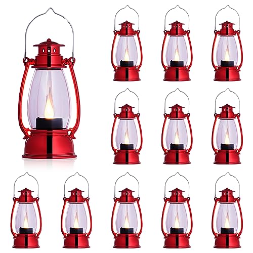 LLQ 12 Pack Vintage Decorative Lanterns, Red Mini Candle Lantern Decorative LED Candle Holders with Flameless Candles for Wedding Table Centerpieces, Christmas Party Outdoor Decorations - color: Red