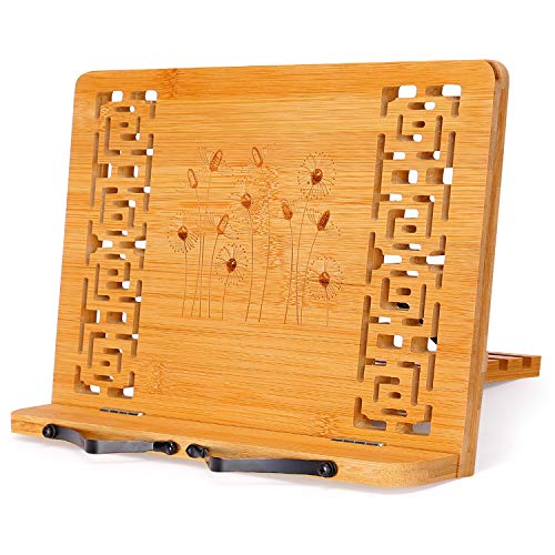 MEGREZ Book Stand for Reading (13.2 x 9.4 inch) Bamboo Cookbook Stand Holder for Kitchen, Adjustable Book Holder Stand for Tablet/Textbook Holder/Hollow Bookrest Stand, Dandelion - color: Dandelion
