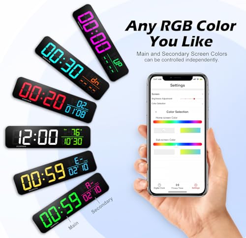 15.2" Gym Timer, App & Remote Control, Customizable LED Colors, Temperature, Date, Workout Interval Timer Stopwatch Countdown Large Digital Wall Clock for Home Gym Garage