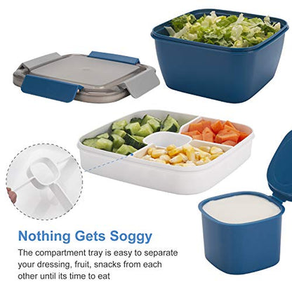 Freshmage Salad Lunch Container To Go, 52-oz Salad Bowls with 3 Compartments, Salad Dressings Container for Salad Toppings, Snacks, Men, Women (Blue) - color: Blue-52oz
