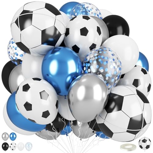 Soccer Balloons, Metallic Blue Silver Balloons with 18 Inch Soccer Ball Foil Print Balloon for Sport Theme Party Decorations, Chrome Silver Blue Confetti Balloon for Boys Men Birthday - color: Blue Silver