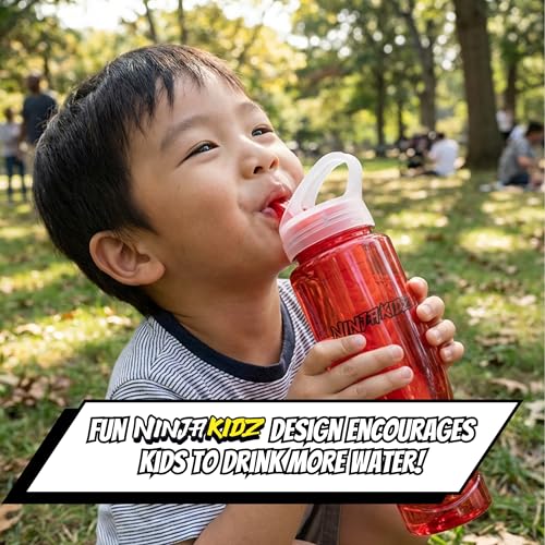 Ninja Kidz Official Kids Water Bottle with Straw, Reusable Water Bottle with Handle, Leak-Resistant, Insulated, Durable, Great for Sports, Official Merch, 0.5 liters, Red - color: Red