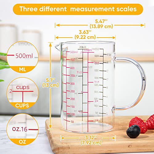 High Borosilicate Glass Measuring Cup with Handle, [Double-Sided Measuring Scale, V-Shaped Spout, Insulated handle], Glass Measuring Cup with Three Scales (OZ, Cup, ML) for Liquid (500 ML) - size: 2 Cup (500 ml)
