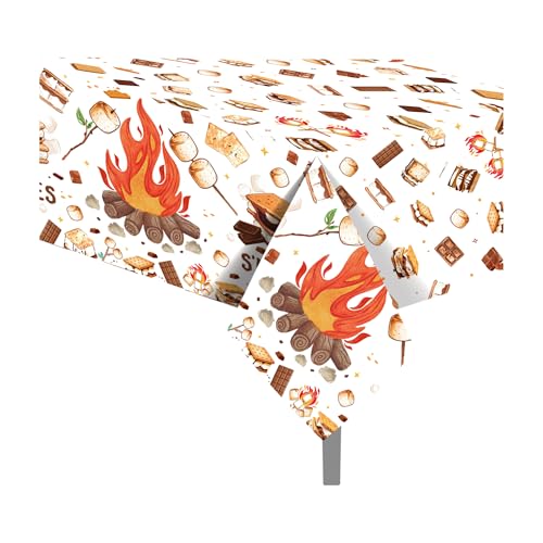 1Pc Camping Party Plastic Tablecloth 54 x 87 Inch Long Table Cover, Marshmallow Sandwich Party Tablecover for Bonfire Camp Theme Kids Baby Shower Birthday Dinner Picnic Kitchen Event - color: Camping