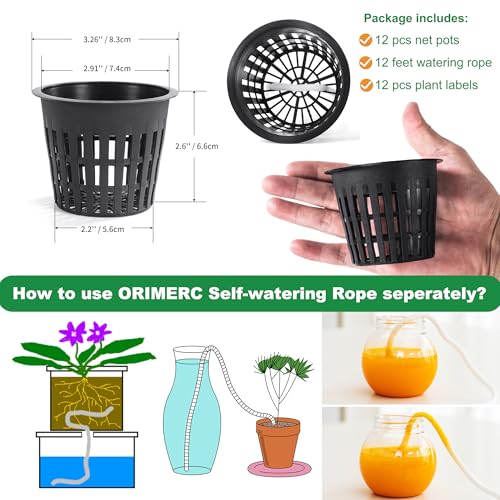ORIMERC 12 Pack 3 inch Net Cups Pots with 12 feet Hydroponics Self Watering Wick & 12 Plant Labels Aquaponics Mason Jar Bucket Insert Orchid kratky Vegetable Garden Growing Netted Basket Slotted Mesh - size: 3 inch (12 Pack)