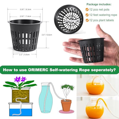ORIMERC 12 Pack 3 inch Net Cups Pots with 12 feet Hydroponics Self Watering Wick & 12 Plant Labels Aquaponics Mason Jar Bucket Insert Orchid kratky Vegetable Garden Growing Netted Basket Slotted Mesh - size: 3 inch (12 Pack)