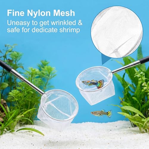 2Pcs Aquarium Shrimp Net, 3.3In Stainless Steel Fish Nets for Aquarium Small Fish Tank Shrimp Net Debris Cleaning Tool with Extendable Handle for Shrimps Baby Fishes Food Residue Skimming
