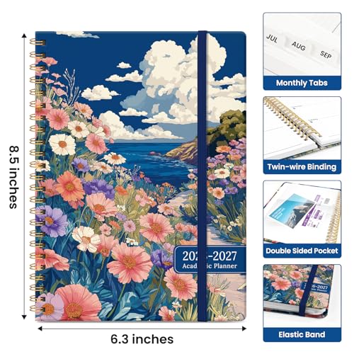 Planner 2026–2027, Academic Monthly Weekly Spiral Calendar, July 2026 – June 2027, Hardcover Agenda Notebook with Tabs, 6.3" x 8.5", Perfect for Students, Teachers, School & Daily Planning - Pelagic Petalia - color: J-Pelagic Petalia, size: (6.3"x8.5")a5