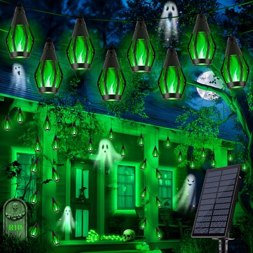 iBaycon Solar Halloween Lights, 42Ft 15 LED Bulbs Flickering Flame String Light, Outdoor Waterproof Solar Flame Lights for Garden Yard Patio Halloween Decorations (Green) - color: Green, size: 42FT