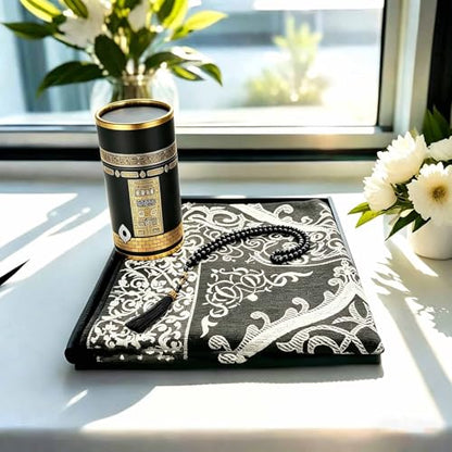Muslim Prayer Rug and Prayer Beads with Gift Box, Soft Islamic Prayer Mat, Islamic Gifts Set, Prayer Carpet Mat, Sajadah/Janamaaz/Seccade (Black) - color: Black