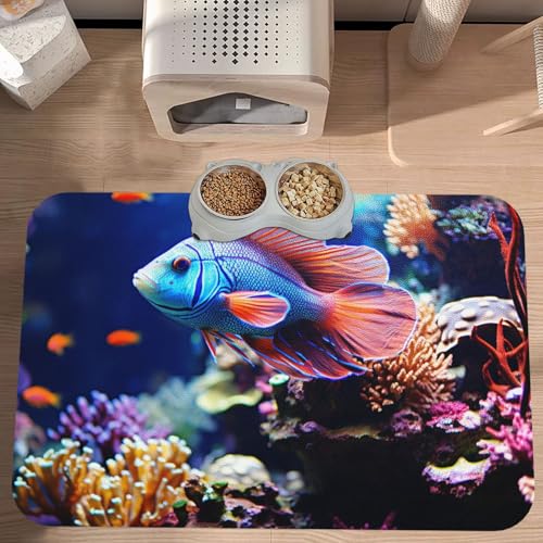 Dog Food Mat Leather Pet Feeding Mat Anti-Slip Dog Bowl Mats Coral Reef Fish Aquarium Pet Placemat Absorbent Cat Bowl Pad Protect Floor Dogs Pad for Food and Water - size: 40x60cm