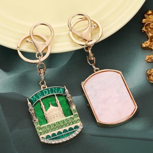 2 Pcs Sparkling Rhinestone Medina Mosque Keychain Purse Charm Islamic Keyring Pendant for Purse Bag Accessories