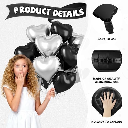 Black Silver Heart Balloons, 10PCS Metallic Foil for Goth Disco Birthday - color: Black Silver