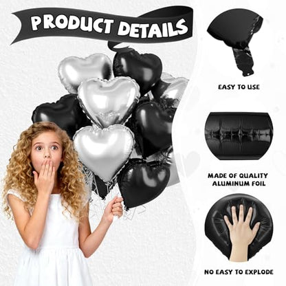 Black Silver Heart Balloons, 10PCS Metallic Foil for Goth Disco Birthday - color: Black Silver