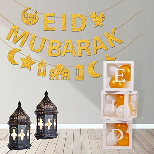 Glitter Eid Mubarak Banner with Gold Moon Star Eid Hanging for Islam Party Decorations No DIY Required